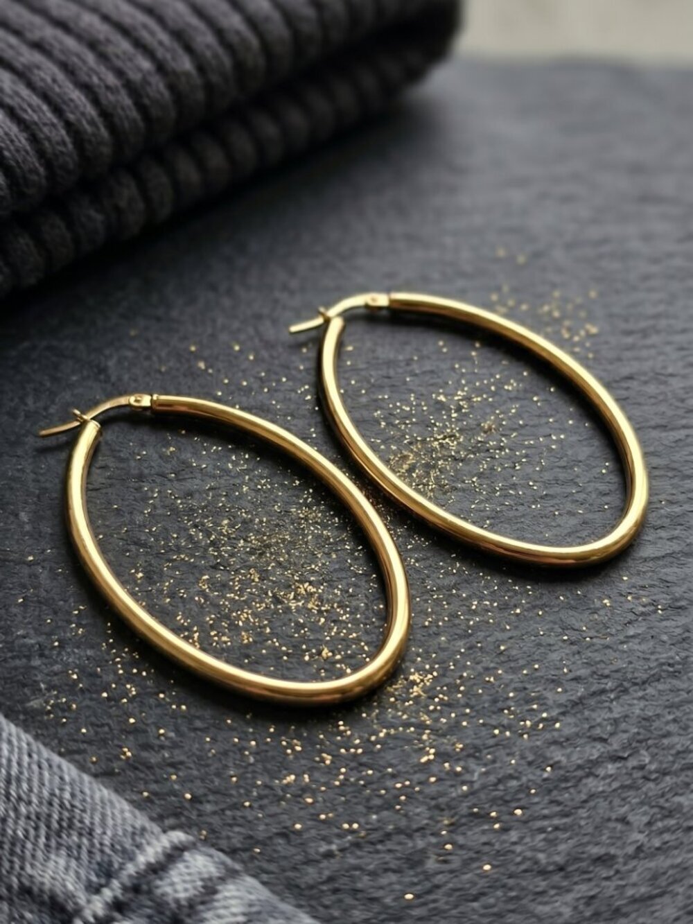 Gold Oval Hoop Earrings Large 18K Plated Stainless Steel Minimalist 2.25" - Picture 14 of 16